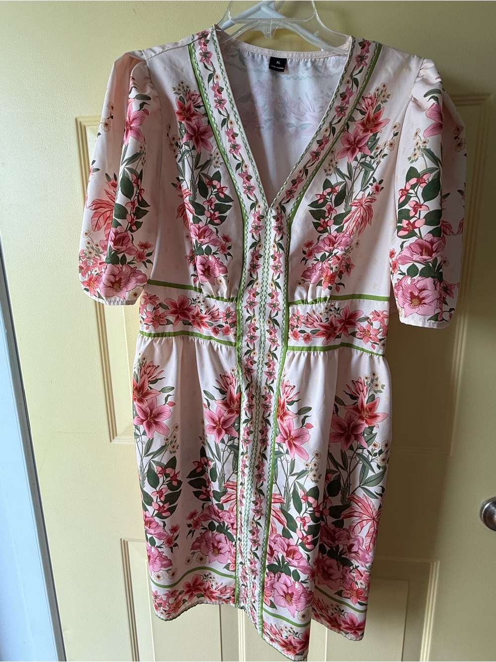 SHEIN Pink Floral V-Neck Midi Dress with Green Trim